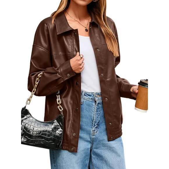 Women's Oversized Faux Leather Brown Jacket Button Down Moto Bomber Winter Coat - Picture 1 of 6